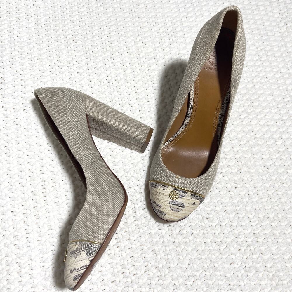 Tory Burch SZ 7 Beige Canvas Block Heel - Picture 4 of 10